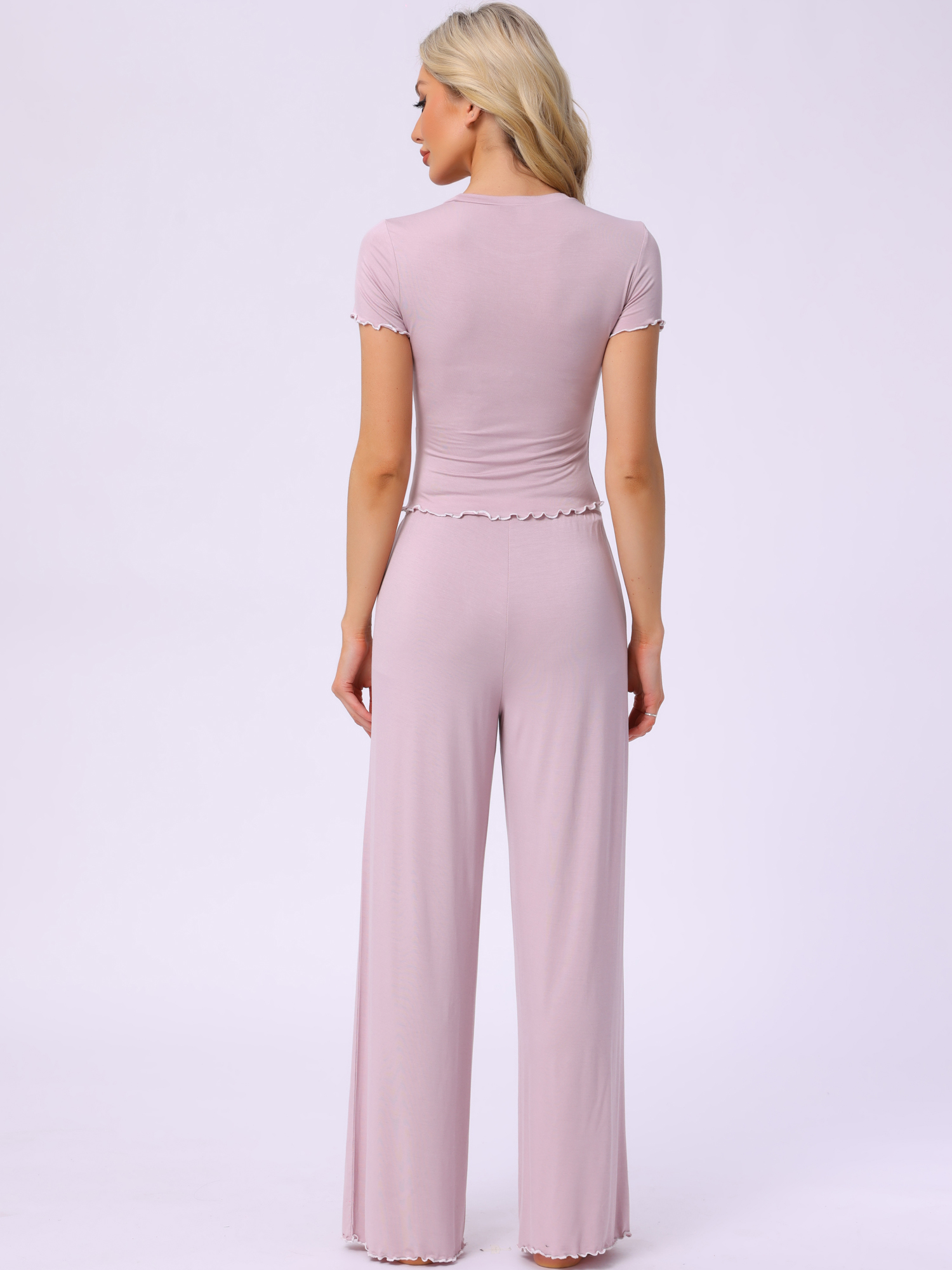DARING DIVA Women's Pajama Sets Short Sleeve Ruffled Top Long Pants Lounge Sets XS Pink