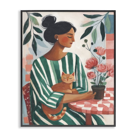 Stupell Industries Cat Lady in Striped Dress Black Framed Giclee Art, design by Sisi and Seb