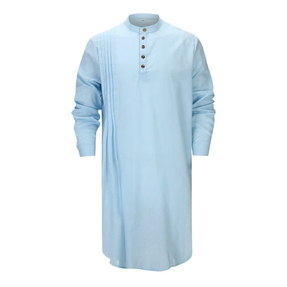 Men's Linen Long Sleeve Kaftan Thobe Casual Gown Cotton Blend Lightweight Breathable Soft