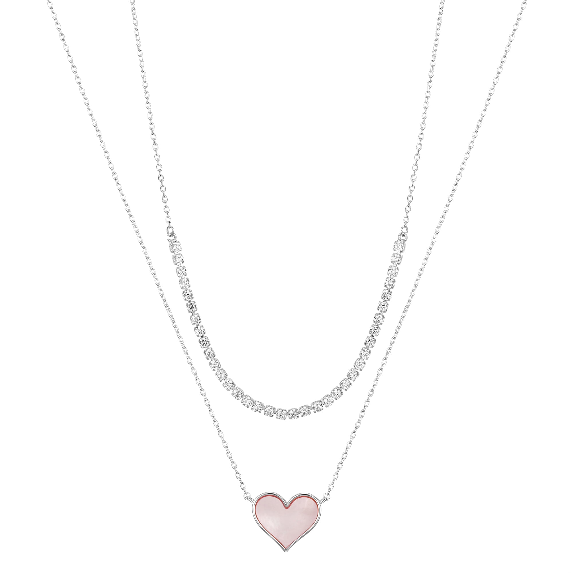 Believe by Brilliance Women's Fine Silver Plated Mother of Pearl Heart and Cubic Zirconia Tennis Necklace Set, 16+2" & 18+2" Extender