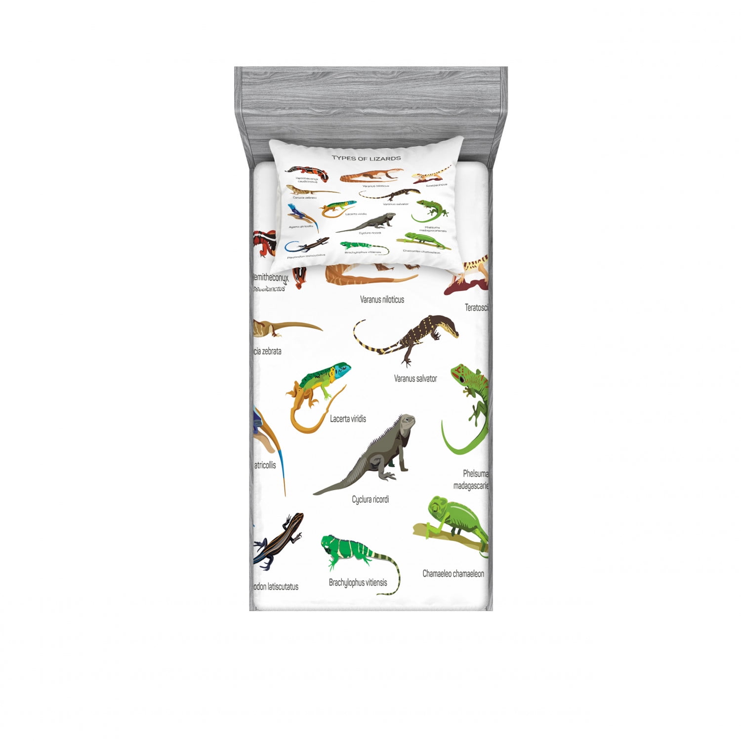 Reptile Bedding Set with Sheet & Covers, Lizard Family Design on Plain