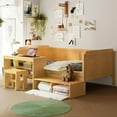 thumbnail image 3 of MODERNLUXE Twin Size Daybed with Stool,Wooden L-Shaped Bed Frame with 2  Shelves and 2 Storage Cabinets,Natural, 3 of 9