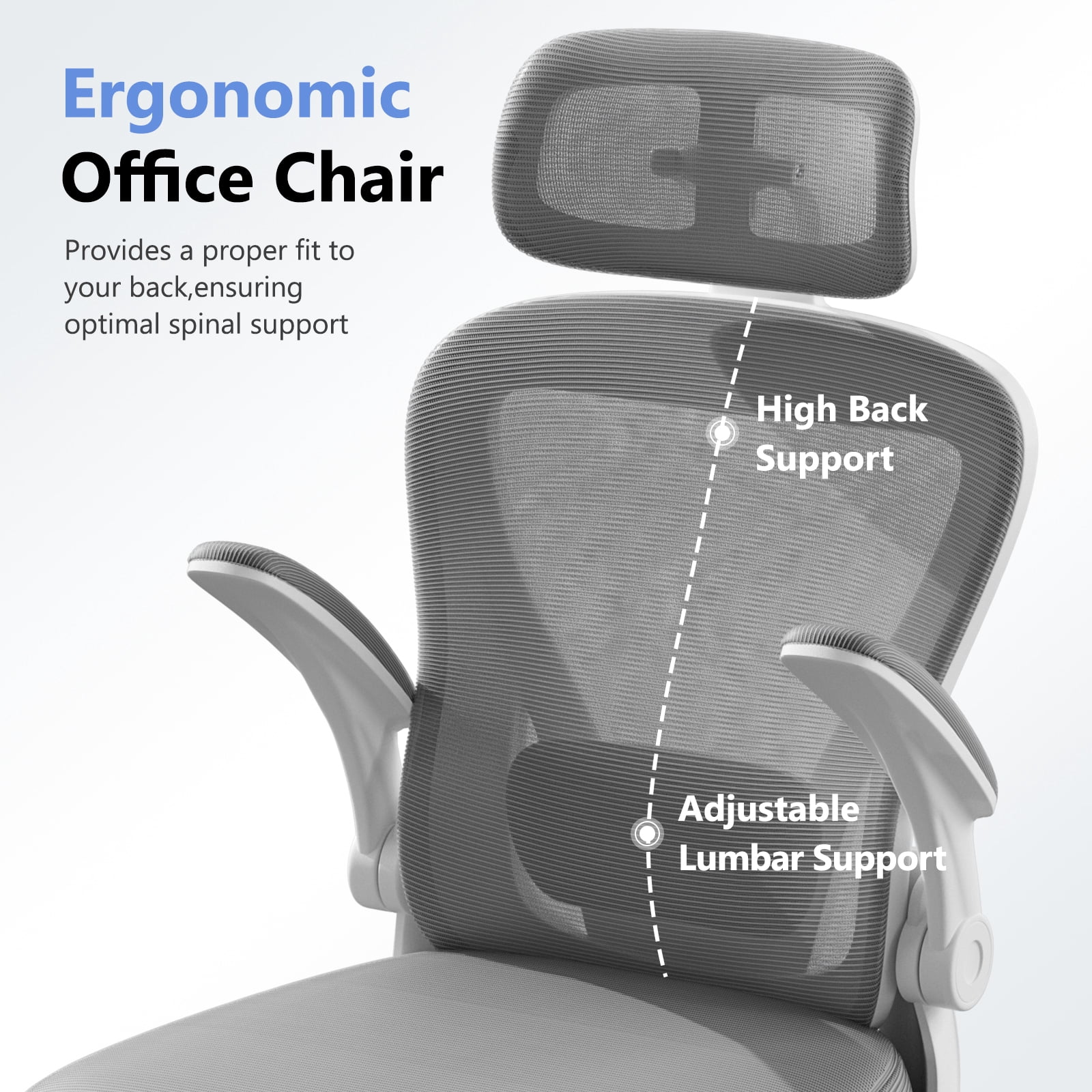 HomeZeer Desk Chairs with Wheels, Mesh Office Chair with Lumbar Support, Ergonomic High Back Office Chair with Adjustable Headrest and Flip-up Arms, Executive Office Chair Home Office, White & Gray