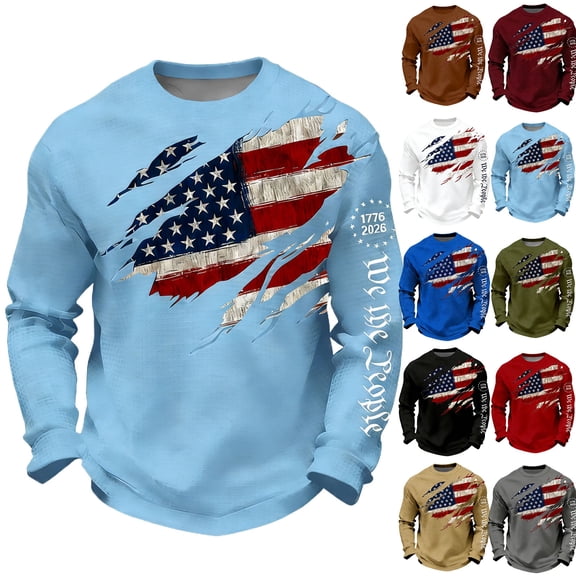 We The People 250 Years of Freedom Crewneck Sweatshirt,American Flag Waffle Patriotic Commemorative Pullover for Men Army Green 4XL