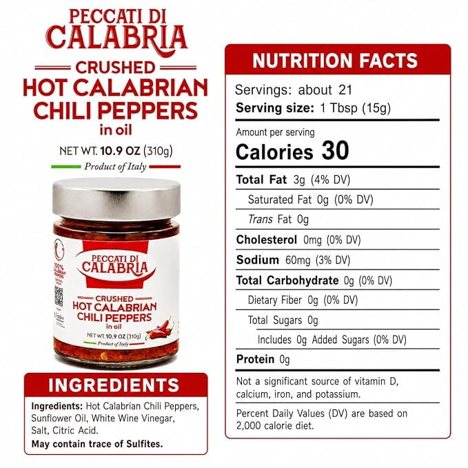 Peccati di Calabria Crushed Hot Calabrian Chili Peppers in Oil 10.9 oz (310g)