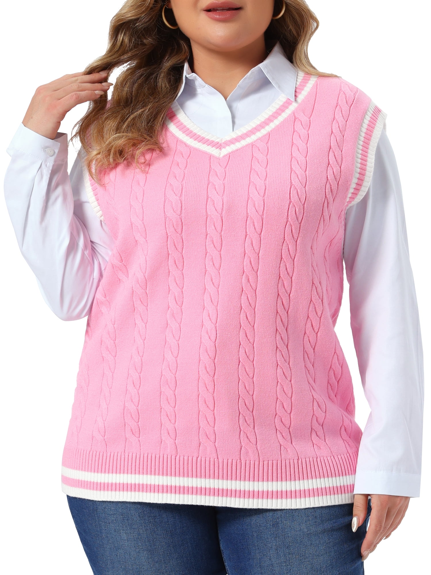 DARING DIVA Women's Plus Sweater V Neck Sleeveless Preppy Vest 2X Pink