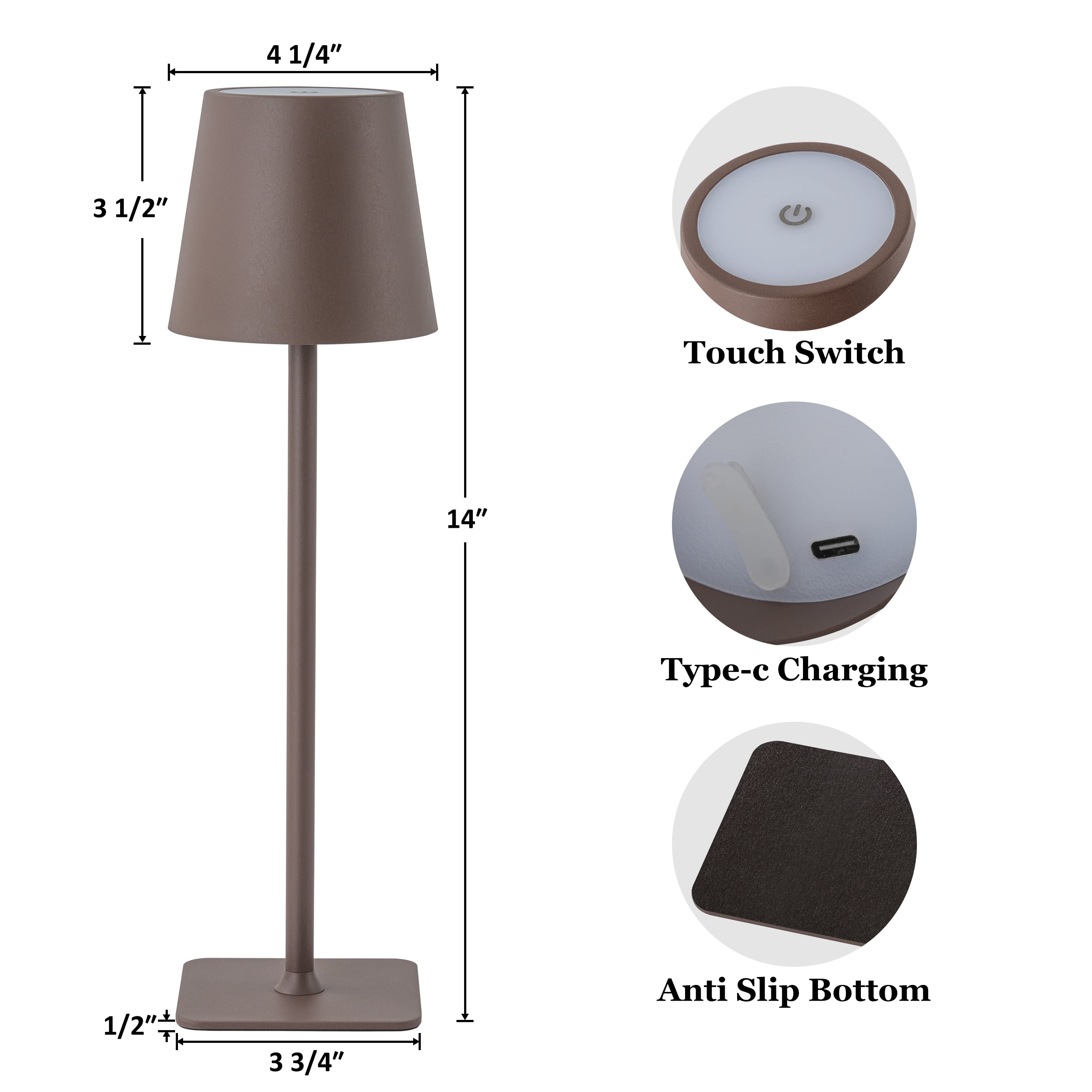 C Cattleya 4-Pack 14” Brown LED Cordless Table Lamp, 3CCT Dimmable Portable Desk Lamps
