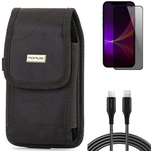 Case Belt Clip & 10ft PD Cable & Privacy Screen Protector for iPhone 13 Pro Max ONLY - Rugged Holster Canvas   USB-C Fast Charger Long   Tempered Glass Curved Anti-Spy Combo