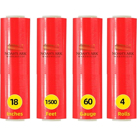 18" x 1500FT Industrial Class Pallet Wrap, 60 Gauge Heavy-Duty Stretch Film, Red, 4 Rolls, for Warehouse Packing, Adhering Packing Moving Packaging