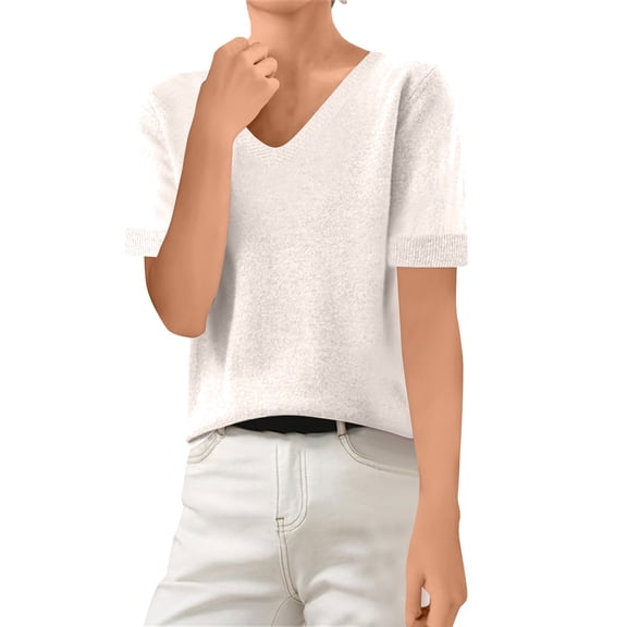 Dwellite Sweaters for Womens Short Sleeve Cropped Crew Neck Business Casual Lightweight Sweater Tops Summer Spring Knit Tops Pullover 2026 White L