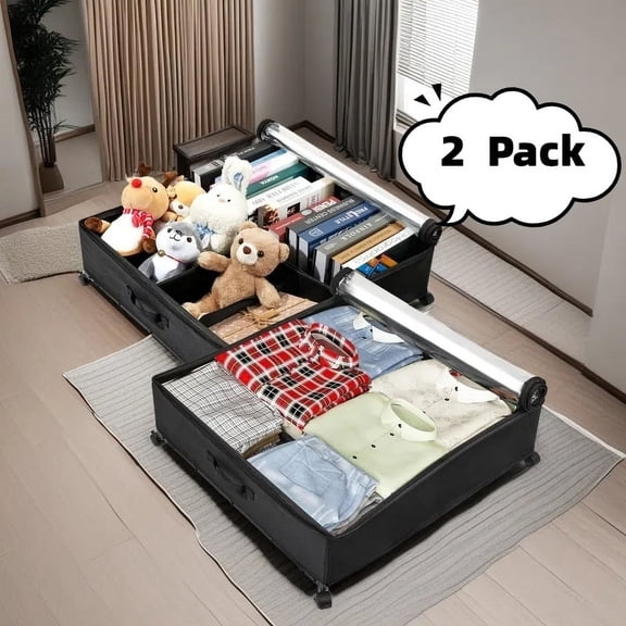 Keenstone 2 Pack Under Bed Storage with Wheels, 156L Metal Underbed Storage Containers with Clear Window, Under Bed Shoe Storage Organizer for Clothes,Shoes, Blankets-Black