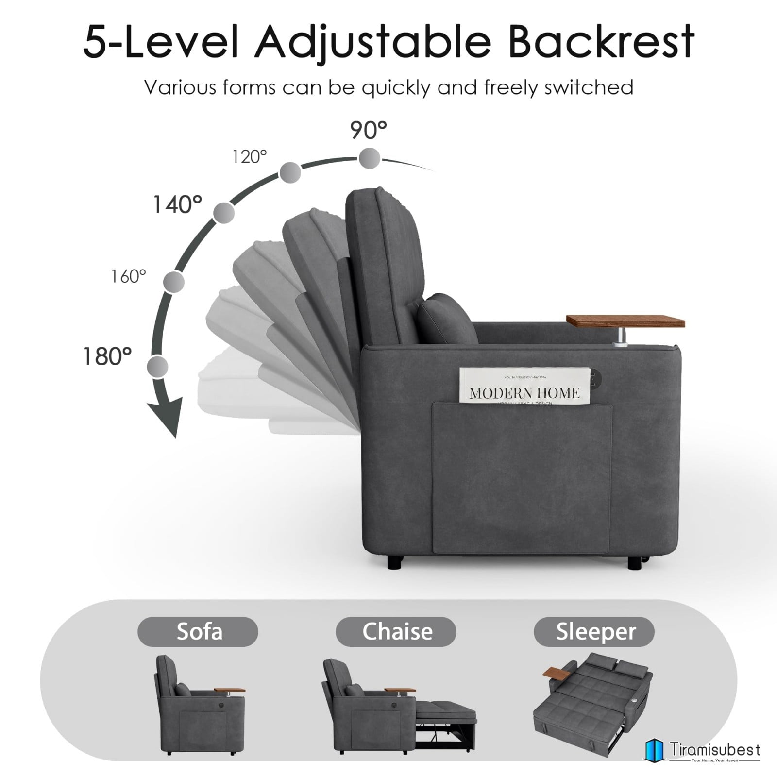54" Sleeper Sofa Bed, Convertible Pull Out Couch Futon with Side Table, USB Ports, Cup Holder, Adjustable Backrest, Velvet Sofa Bed for Living Room Apartment, Dark Gray