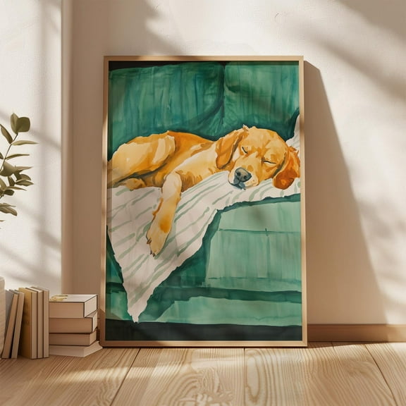 Sleeping Golden Retriever Art Print – Relaxing Dog Wall Art, Pet Lover Decor, Cozy Home Aesthetic Wall Art, Modern Wall Decor, 8x12 UNFRAMED