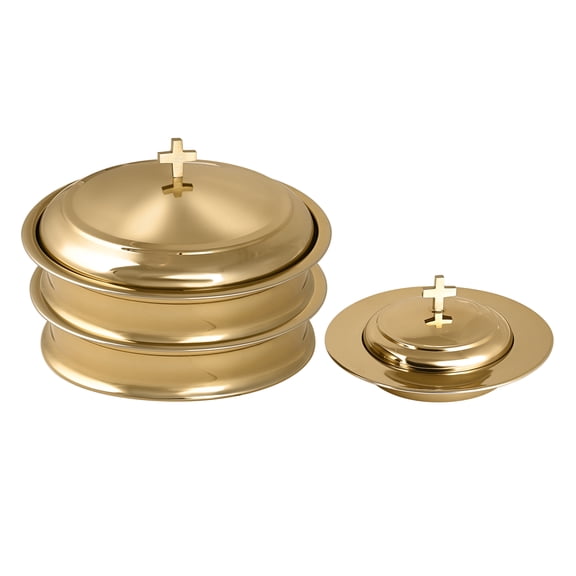Mayur Exports Communion Ware Church Set | Holy Stackable 2 Communion Trays with Covers & 1 Bread Plate with Cover | Stainless Steel Shiny Gold Finish