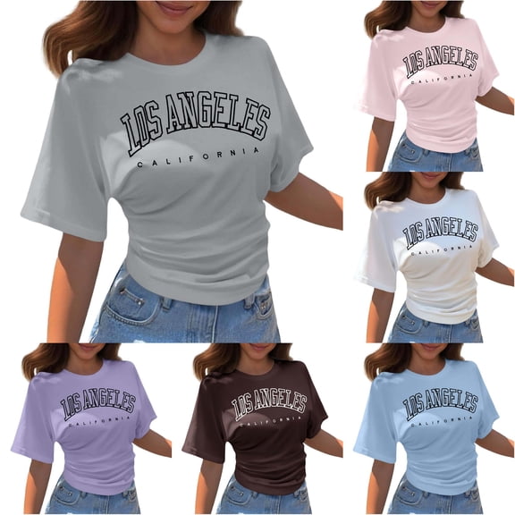 Trendfront Womens Los Angeles Graphic T Shirt Letter Print Varsity College Style Crewneck Short Sleeve Tee Retro Casual Streetwear Summer Tops