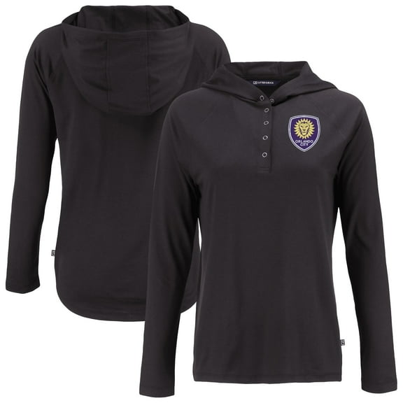 Women's-Cutter & Buck Black Orlando City SC Coastline Epic Comfort Eco Recycled Quarter-Snap Raglan Hoodie Top
