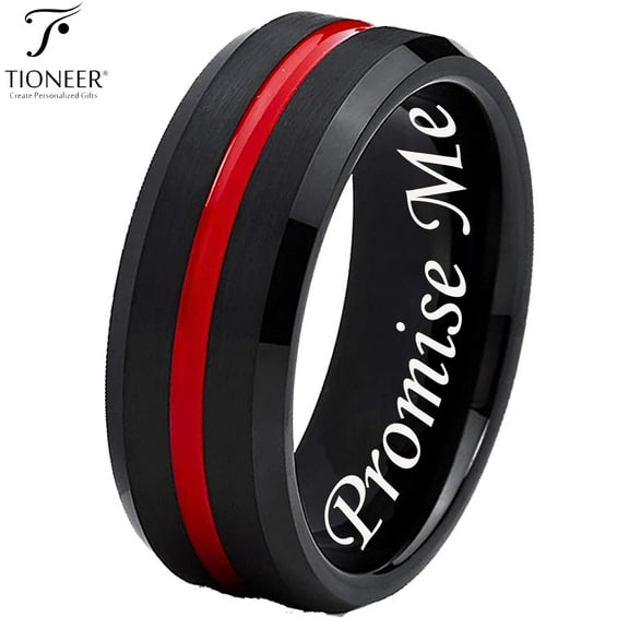 Tioneer Black IP Tungsten Ring w/ Distinct Blue or Red Center Line Diamond Comfort Fit w/ Free Engraving Options 8mm