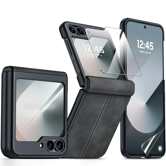 Dteck Case Built-in Front Screen Protector Case for Samsung Galaxy Z Flip 6 5G,Slim Leather Hinge Protection Case Shockproof Hard PC Bumper Cover with Soft Screen Protector,Black