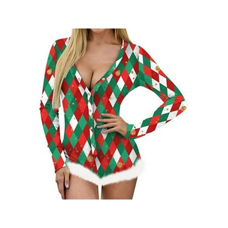 

Nokiwiqis Women Christmas Print Pajama Long Sleeve One-piece Nightwear