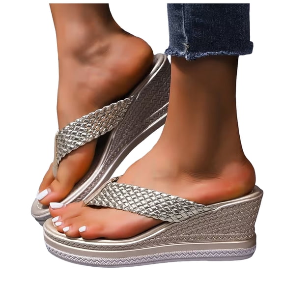 Rokment Beach Platform Wedge Heeled Flip Flops for Women Summer Metallic Fashion Casual Braided Leather Chunky High Heels Slip on Dress Sandals Comfortable Walking Slides Slippers Gold Size 6.5