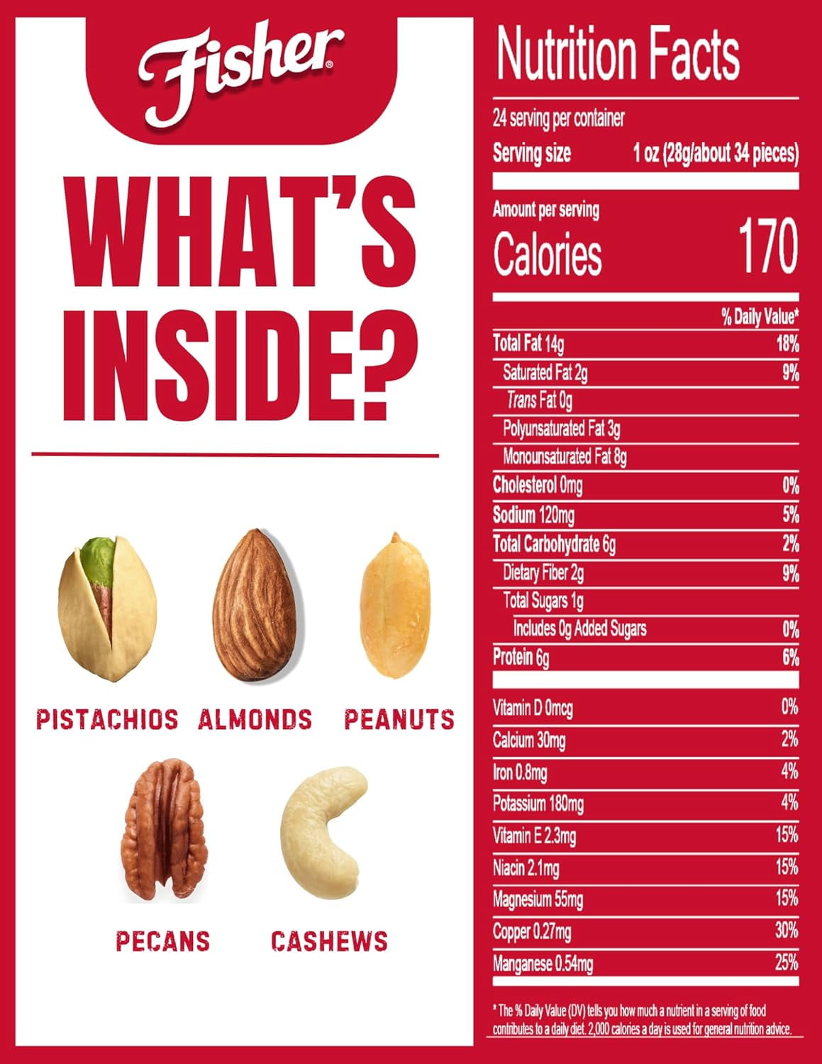 Fisher Oven Roasted Never Fried Mixed Nuts with Peanuts, 24 Ounces (Pack of 1), Peanuts, Almonds, Cashews, Pistachios, Pecans, Trail Mix, Healthy Snacks for Adults, Made With Sea Salt, No Added Oils