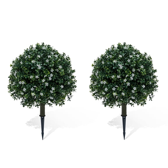 2ft Artificial Boxwood Topiary Balls with Ground Stakes, Faux Flowering Boxwood Bushes for Front Porch, Patio, Yard & Home Decor - White