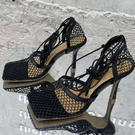 

2021 New Sexy Yellow Mesh Pumps Sandals Female Square Toe High Heel Lace Up Cross Tied Stiletto Hollow Dress Shoes Ytmtloy