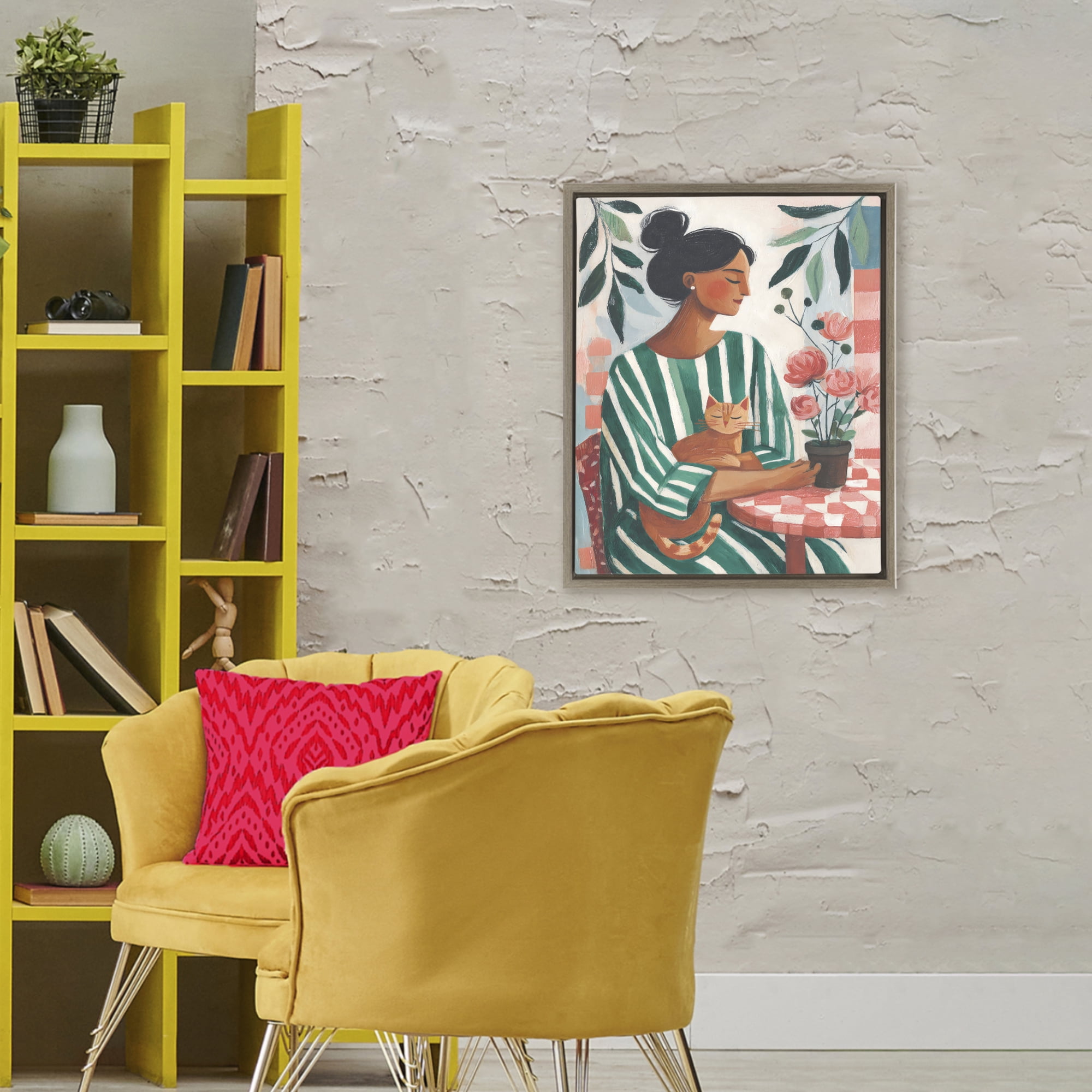 Stupell Industries Cat Lady in Striped Dress Brown Framed Floater Canvas Wall Art, design by Sisi and Seb