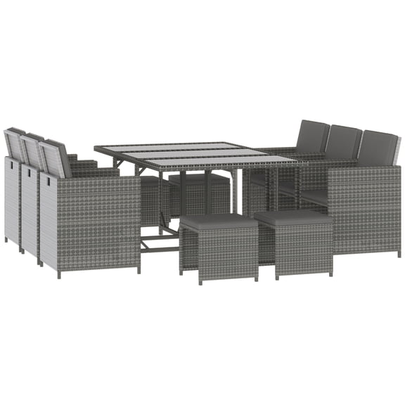 Outsunny 9 Piece Patio Wicker Dining Sets, Space Saving Outdoor Sectional Conversation Set, with Dining Table, Ottoman and Chair & Cushioned for Lawn Garden Backyard, Dark Grey