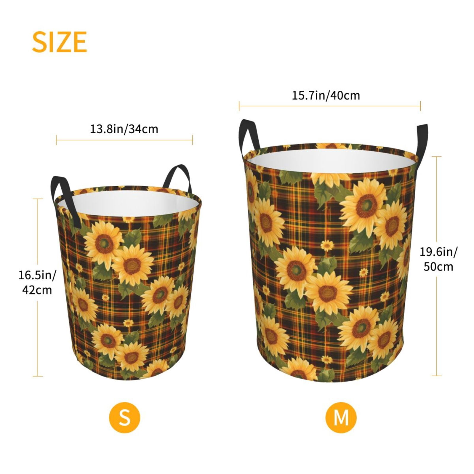 Fuzoiu Yellow Black Plaid Sunflower Print Circular Hamper,Laundry Basket with Handle,Collapsible Laundry,Dirty Clothes Storage Basket,for Bedroom Bathroom Dorm Living Room-Small