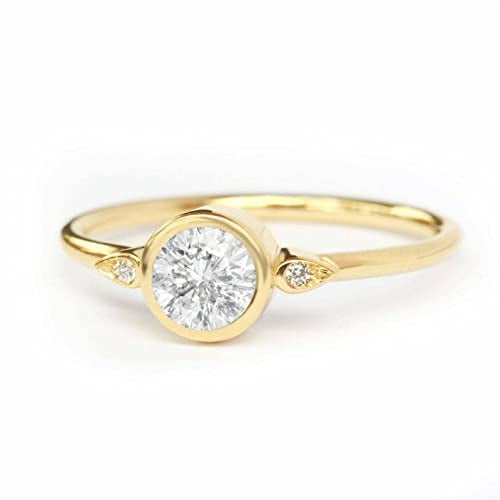 HeartsAndYou 1.2ct Round Cut Moissanite Engagement Ring for Women Bezel Set Trilogy 18k Yellow Gold Over Silver