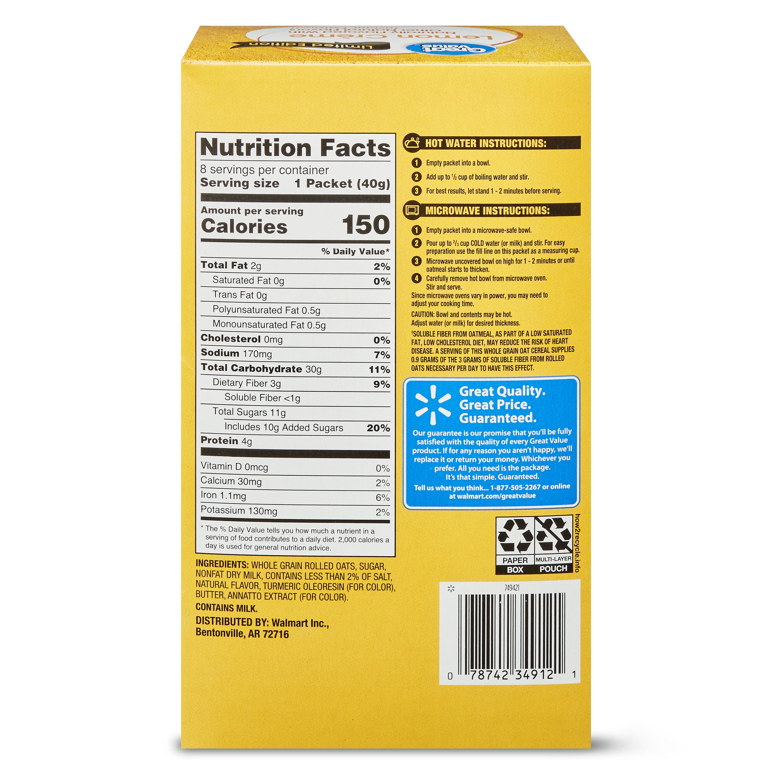 Great Value Lemon Creme Instant Oatmeal, 1.41 oz, 8 Count