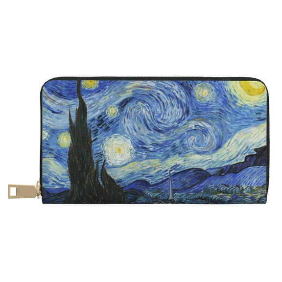 Leather Thin Slim Wallets for Women Men - The Starry Night Clutch Card Wallet for Women Men with Zipper