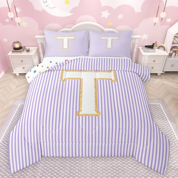 Feelyou Princess Monogrammed T Full Size Comforter Sets for Teens, Kawaii Cartoon Letter Bedding Comforter Set, Modern Fashion Lines Reversible Bedding Sets, Lightweight Room Decor, 3-Piece