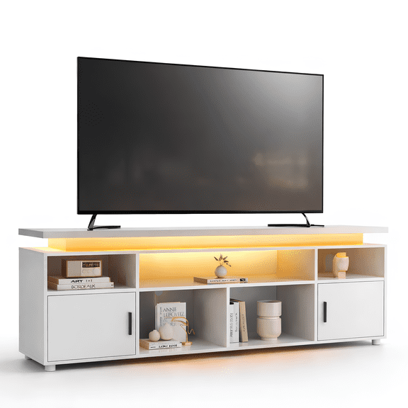 SUNCOZE Modern TV Stand for 70–80" TVs with LED Lights, Built-in Power & USB Outlets, Spacious Entertainment Center with Storage Cabinets, White