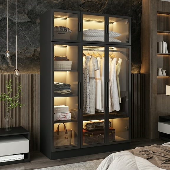 KULAGAGA Bedroom Wardrobe with Glass Doors and Lights, Armoire Closet Cabinet with Hanging Rod and Shelves