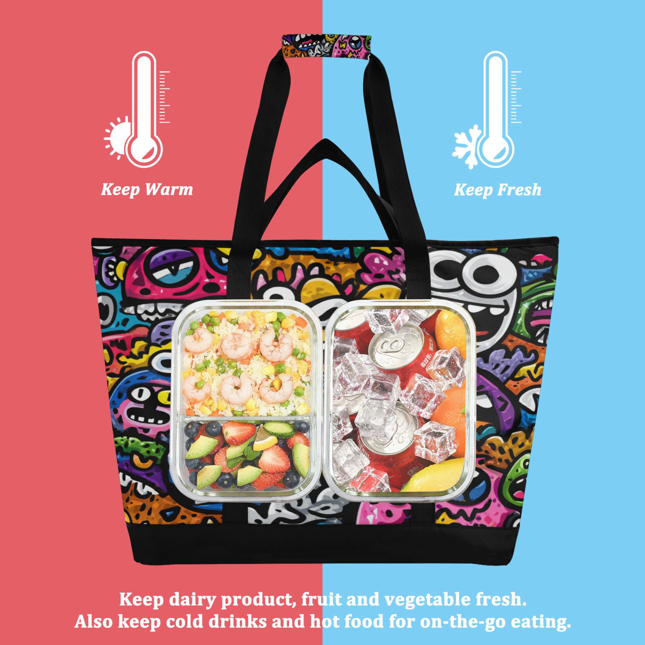 Extra-Large Wide Opening Design Capacity Hand-Held Ice Pack Thickened Insulation Layer For Long-Lasting Cold Retention For Outdoor Shopping Picnics And Camping Colorful Cartoon Monsters