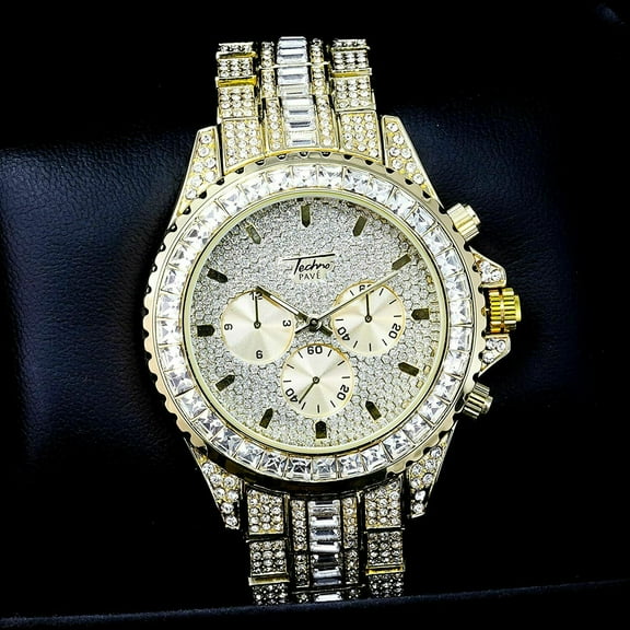 Men's Luxury Hip Hop Gold Plated Full Iced Band Simulated Diamond Bling Trendy Metal Watch