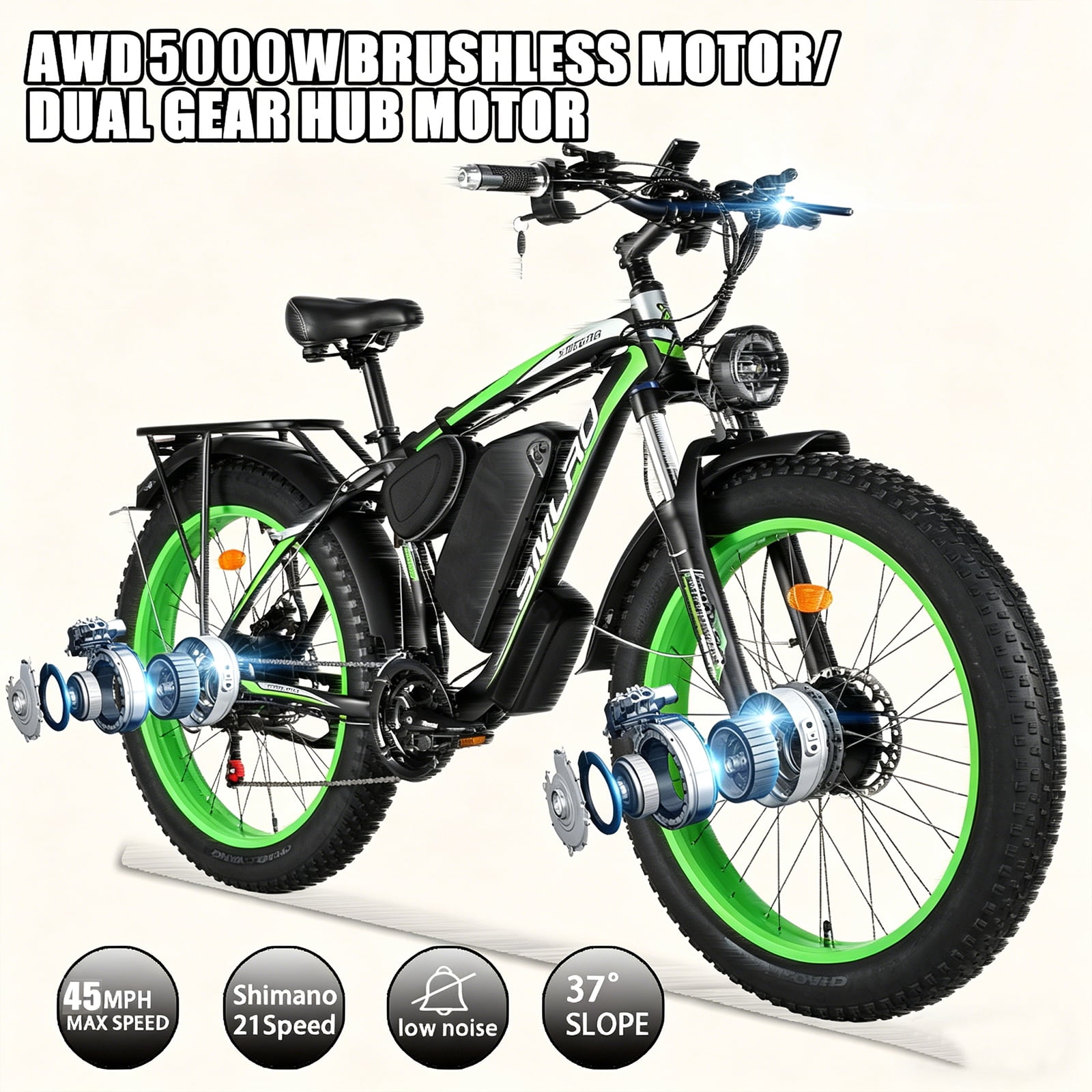 5000W Peak Dual Motor Ebike for Adults - 52V 30Ah Fast Electric Bike for Men Women 40 MPH,Up to 80 Miles,26" Fat Tire Lockable Suspension Electric Bicycle for Snow Off-Road Commuter Mountain E-Bike