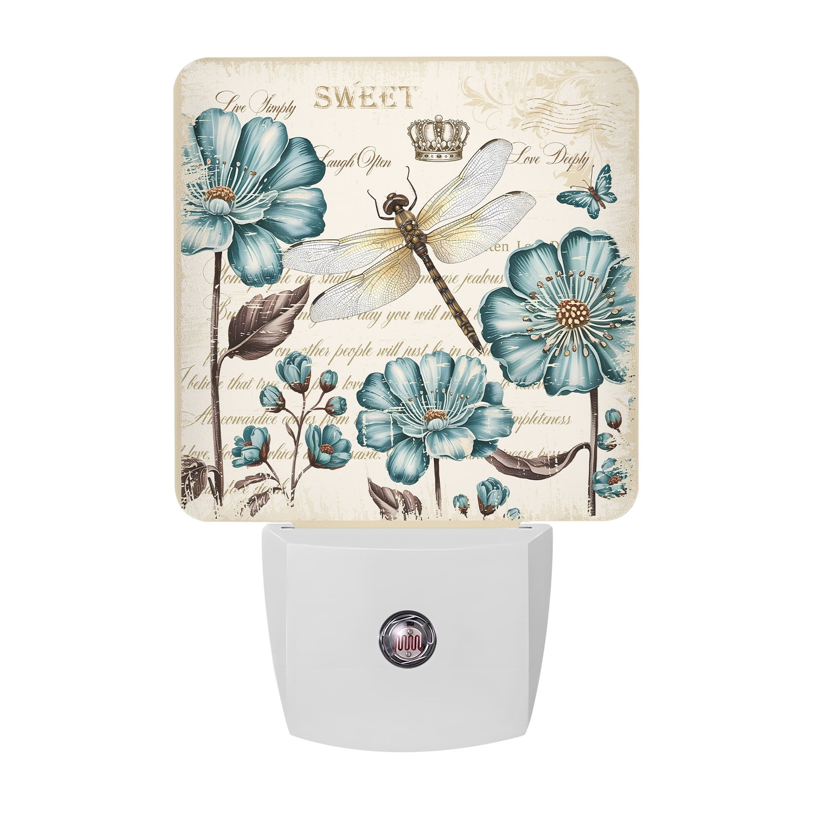 Dragonfly Night Lights Art Teal Floral Blooming Wildflowers Retro Paper Texture Smart Auto Dusk to Dawn Sensor Nightlights Plug-in Nightlight for Bedroom Bathroom Living Room Kitchen Hallway