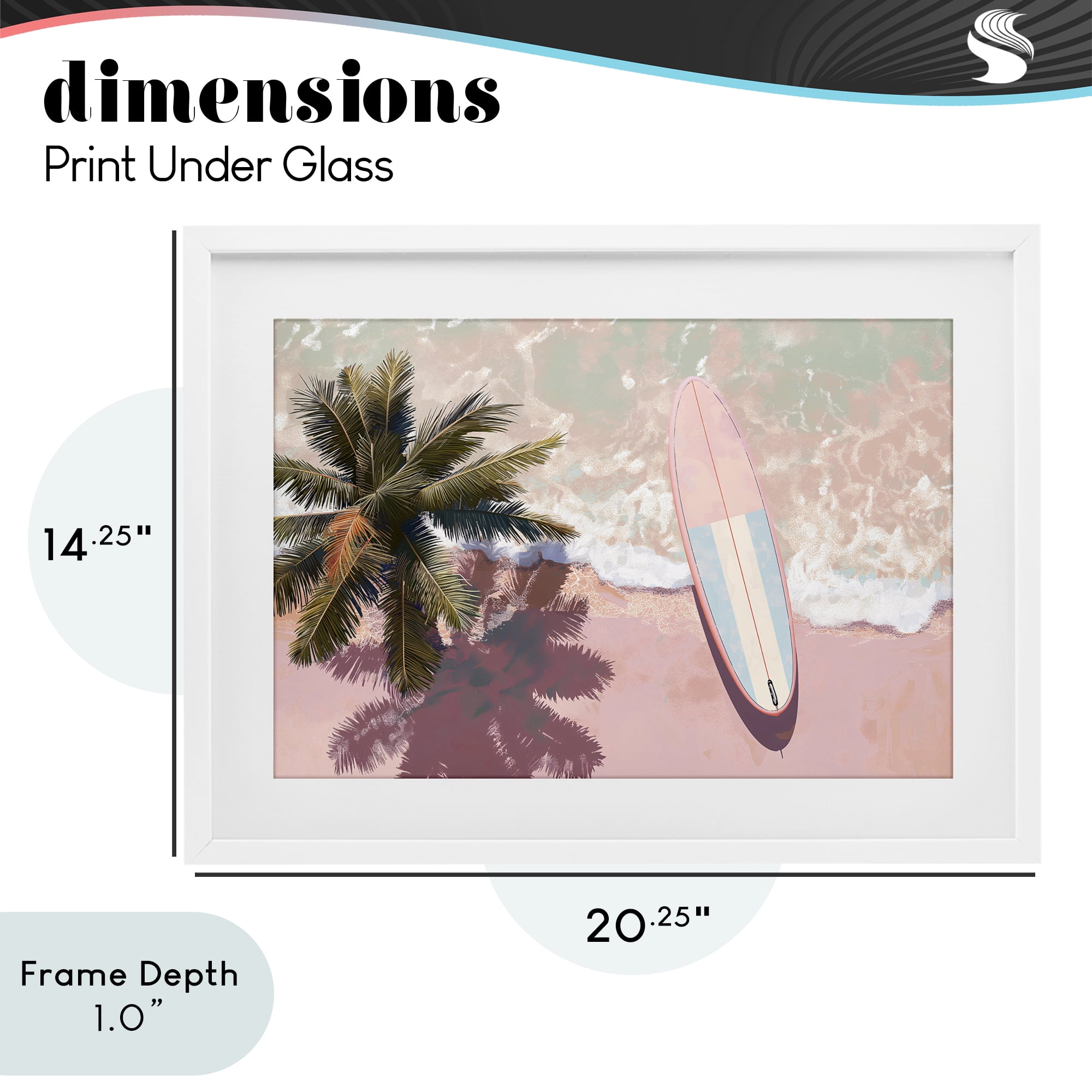 Stupell Industries Blush Pink Surfboard & Palm White Framed Print Under Glass, design by Jacky Ngan