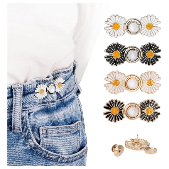 Pant Waist Tightener, Detachable Jean Buttons for Loose Jeans, No Sew and No Tools Button Pins for Jeans, Adjustable Jean Buttons Pins, Daisy Flower Instant Pants Button Tightener 4 Sets