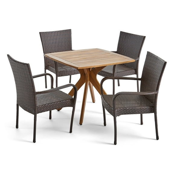 GDF Studio Tunica Outdoor Acacia Wood and Wicker 5 Piece Dining Set, Teak and Multibrown
