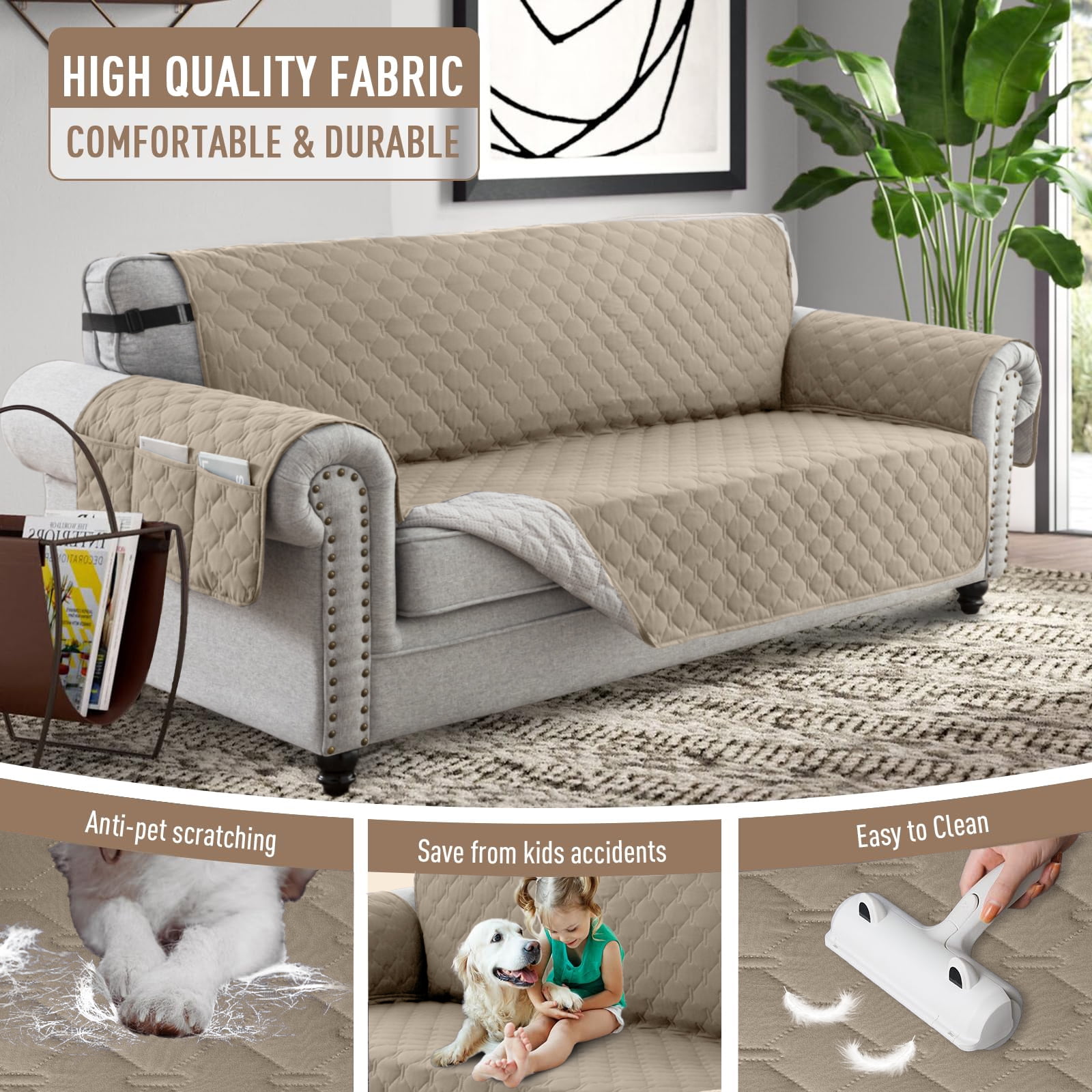 Sanmadrola Sofa Cover 100% Waterproof Couch Slipcovers Washable Non-Slip Furniture Protector with Pockets/Elastic Straps/Silicone Backing for Kids Pets Dogs, Khaki, Sofa