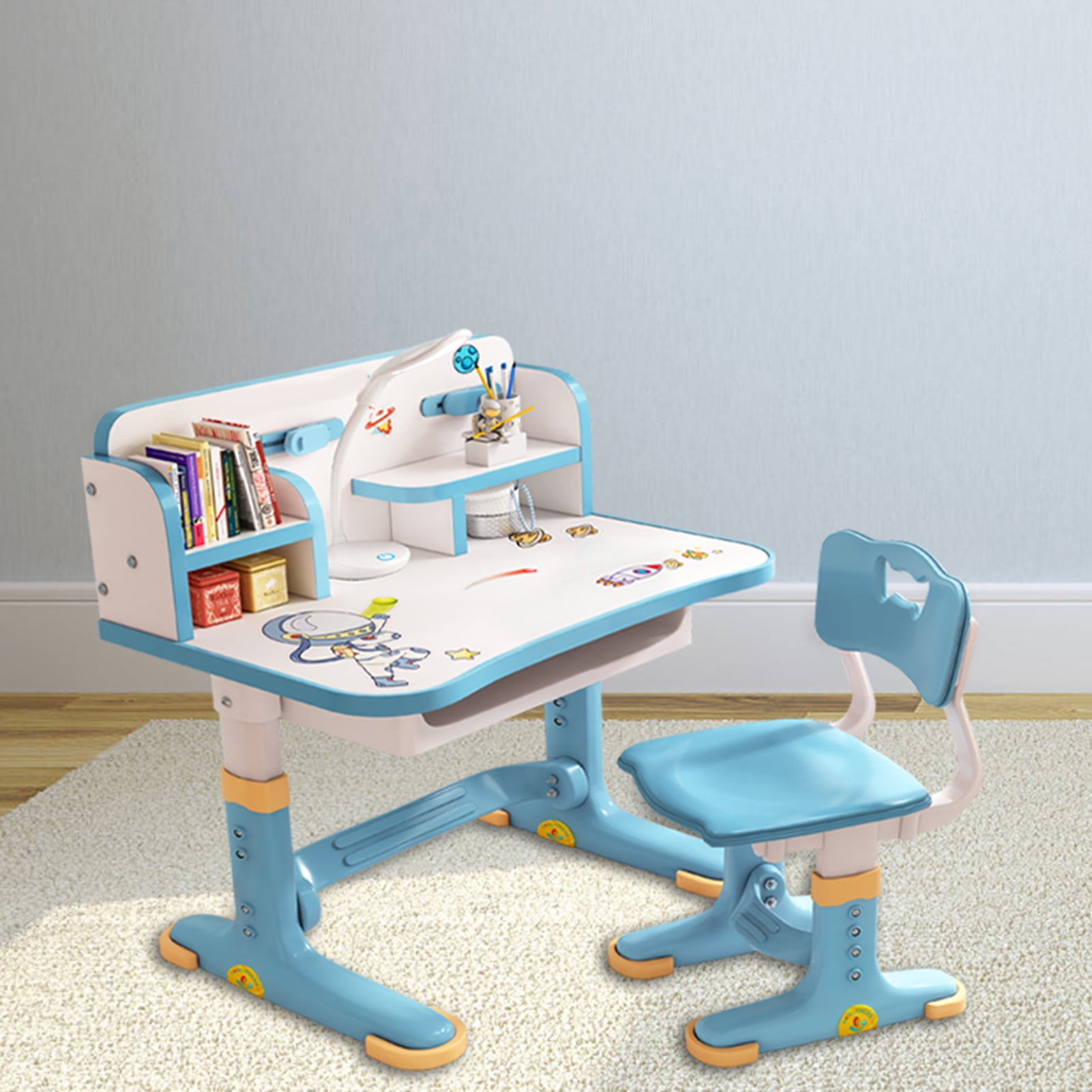 Nuoxin 2Pcs/Set Multi Bookstand Widened Desktop Desk Chair Set Cartoon Pattern Kids Adjustable Height Study Drawer Table with Chair Set