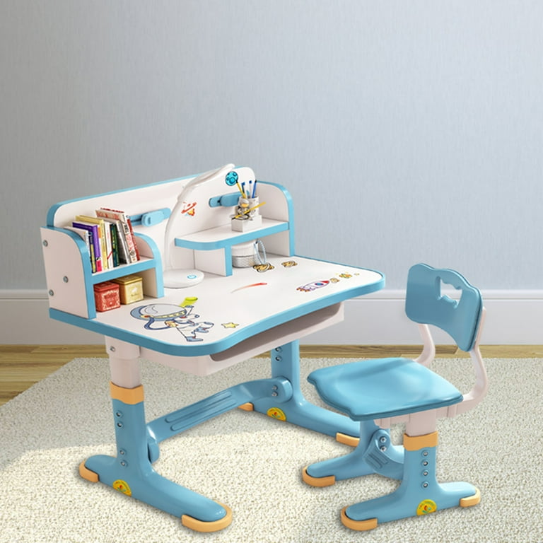Wilitto Widened Desktop Multi Separation Cartoon Pattern Desk Chair Set Kids Adjustable Height Study Table with Drawer Chair Set(Blue)