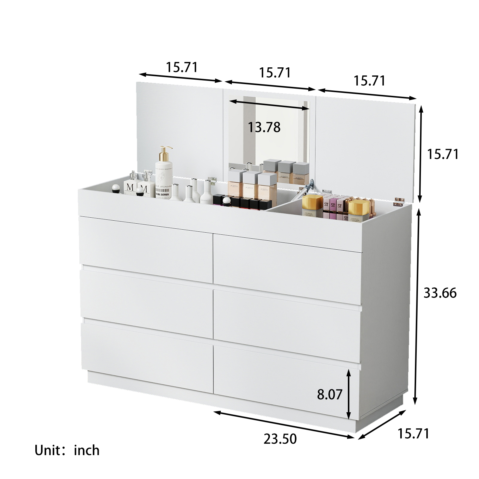 Six-drawer Cabinet With Mirror, White Embossed P2 12mm Particleboard With Melamine Veneer, 120*40*85.5cm