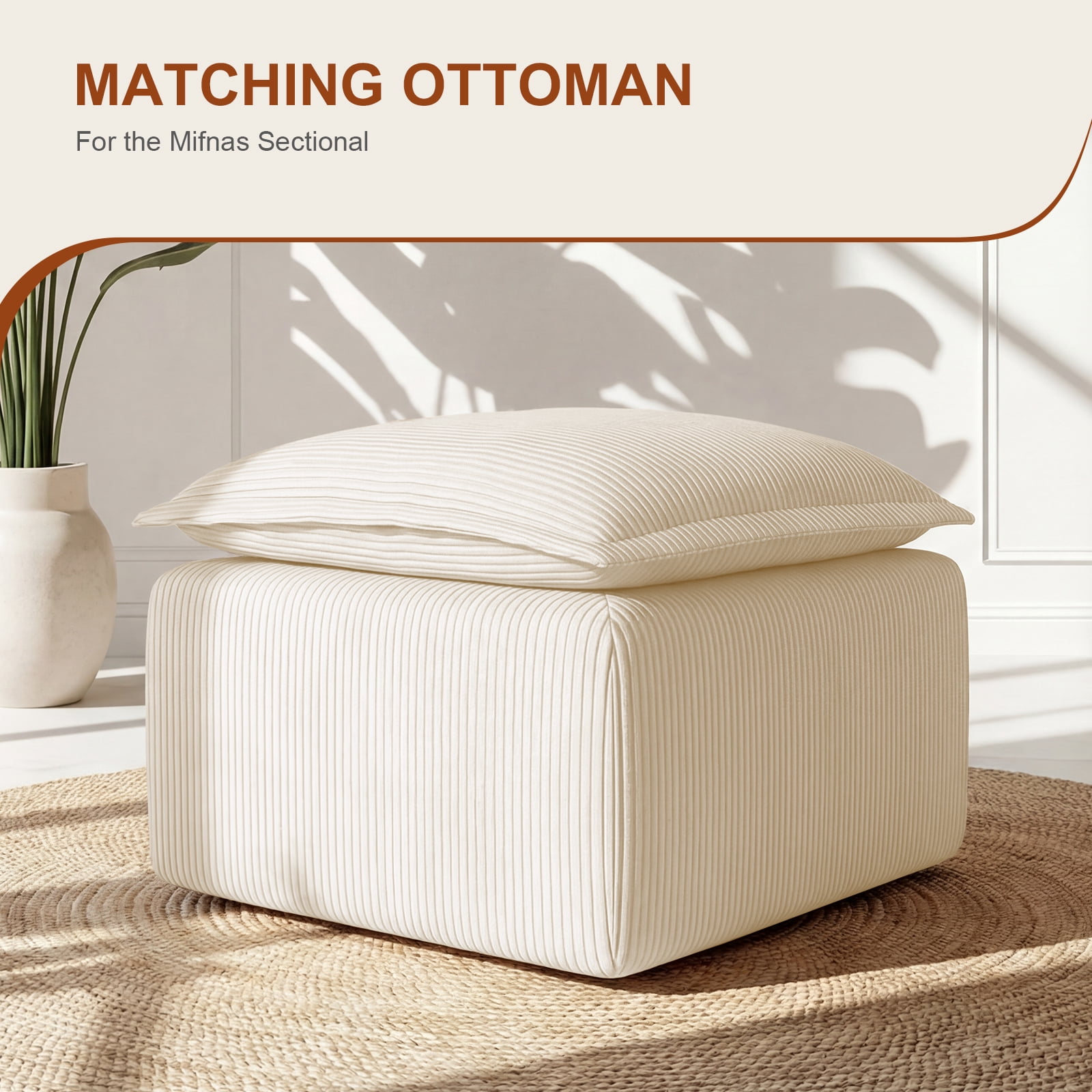 Corduroy Ottoman Pouf for Modular Sectional Sofa Upholstered Footrest Stool for Living Room Beige