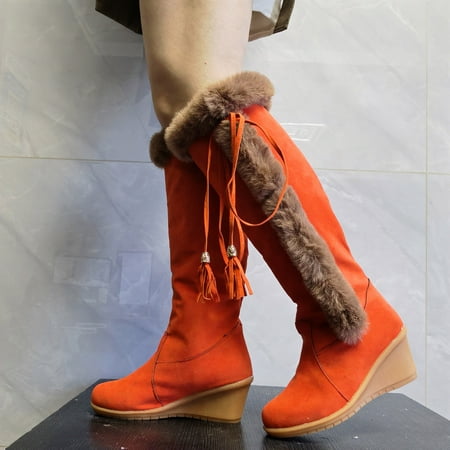

Hinvhai Women Mid-calf Boots Lace up Fashion Chunky Wedges Heel Boots Tassel Cowboy Cowgirl Boots Round-toe Knee Thigh High Boots Clearance Orange 9(42)