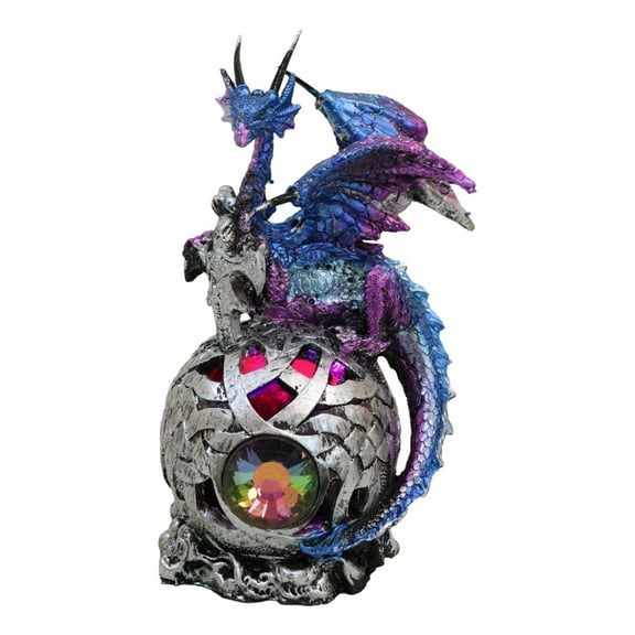 Metallic Blue Midnight Dragon Perching On Colorful LED Orb Night Light Figurine
